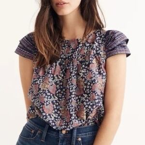 Madewell Navy and Pink Floral Blouse